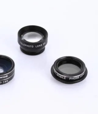 Five-in-one mobile phone lens kit with fisheye wide angle macro telephoto and CPL lenses on a black background