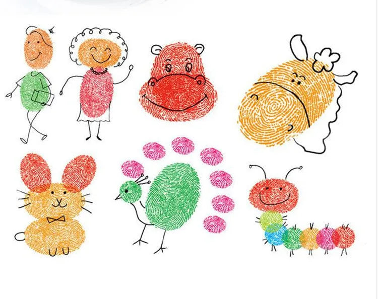 Children's fingerprint paint kit showing 16cm ink pad and picture album guides for creative activities