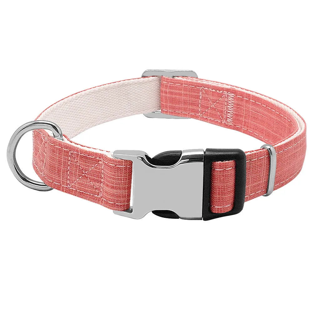 Custom engraved nylon dog collar with semi-alloy lock and D-ring, available in red, blue, and orange
