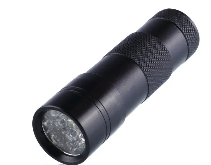 Black UV flashlight for detecting counterfeit currency and verifying documents with LED purple light
