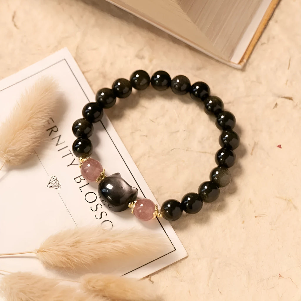 Black obsidian bracelet with 8mm beads and kitty charms in single circle design