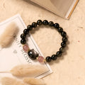 Black obsidian bracelet with 8mm beads and kitty charms in single circle design
