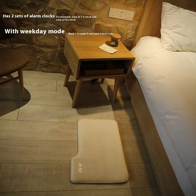 Smart carpet mat alarm clock with 20mm thick velvet cloth shell, showing the mat and control panel