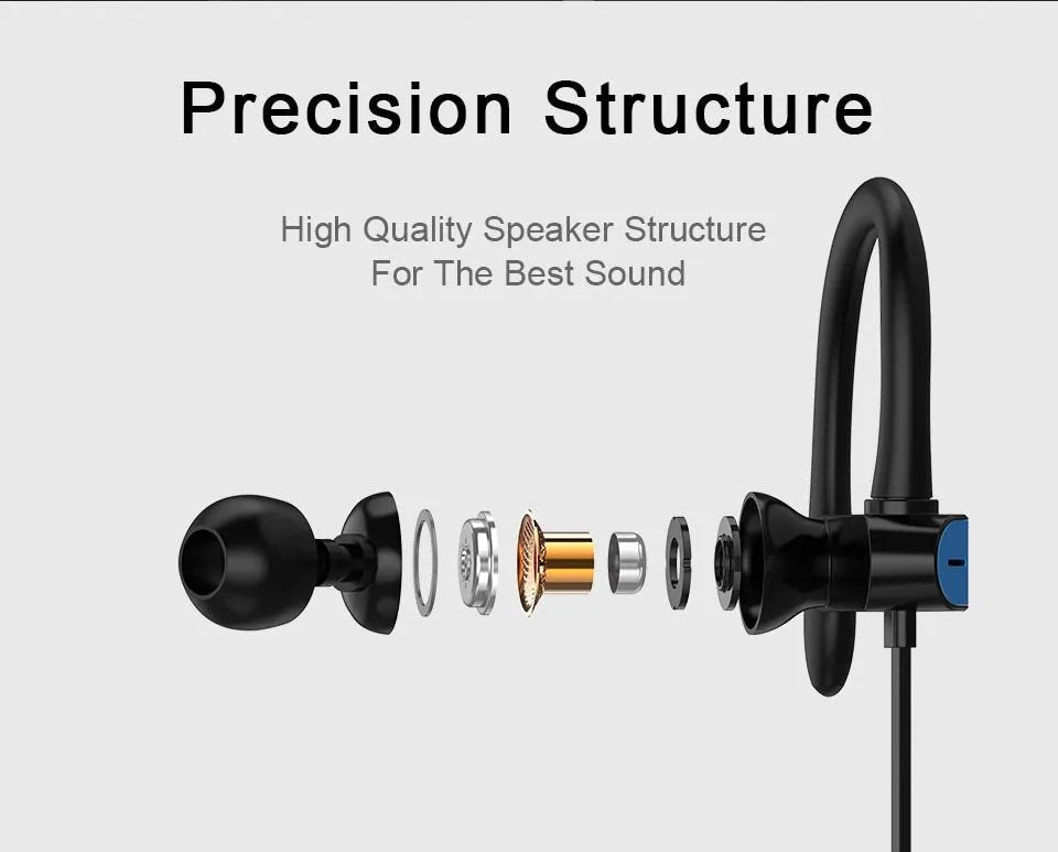 Sport ear hook headphones with microphone in black blue colour, showing the flexible ear hook and silicone earbud design.