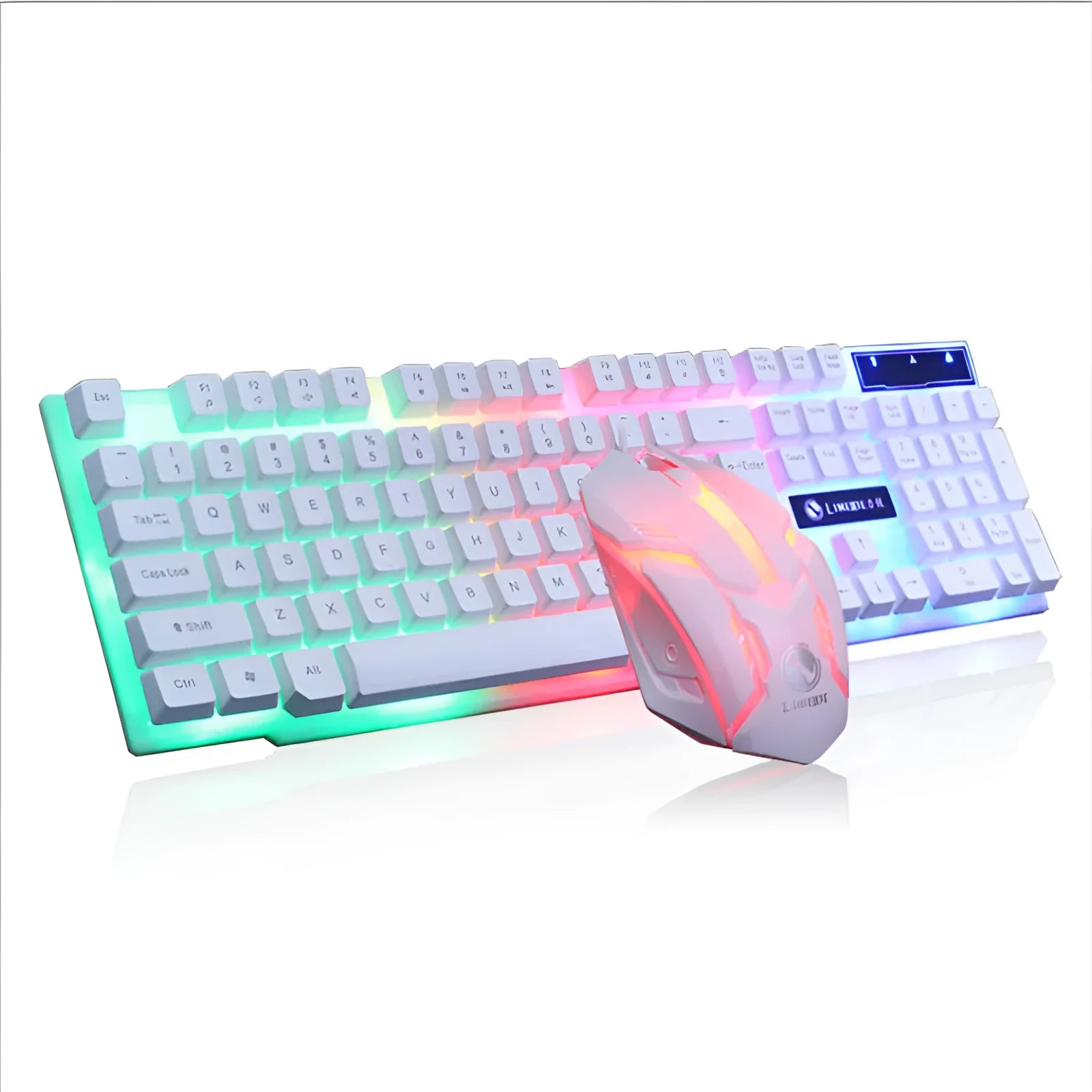 Limei GTX300 white and black backlit gaming keyboard and mouse set on a desktop