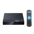Black T95 Max Plus Android TV Box with remote control, showing ports for HDMI and power.