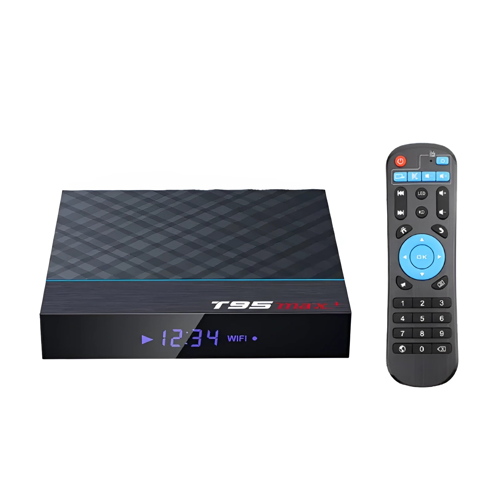 Black T95 Max Plus Android TV Box with remote control, showing ports for HDMI and power.