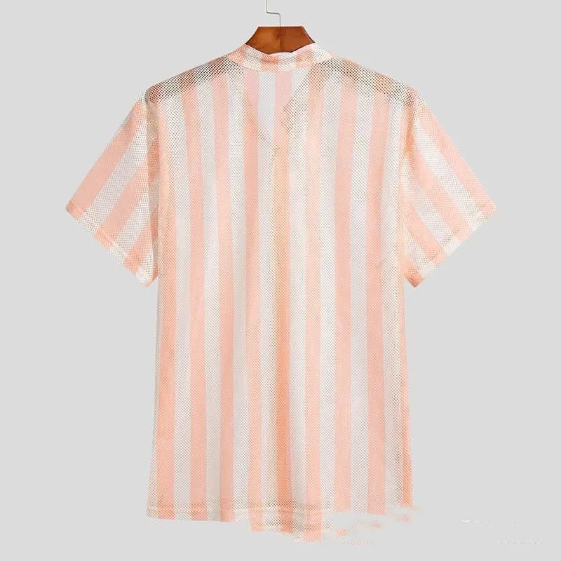 Men's pink waffle weave summer shirt with cardigan-style open front and short sleeves