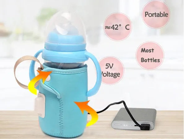 Long orange cotton USB baby bottle warmer wrapped around a milk bottle.