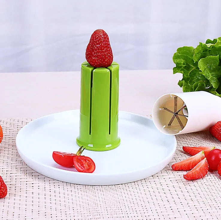 White plastic vegetable and fruit cutter with six stainless steel blades inside