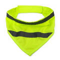 Yellow and orange reflective dog bandana with adhesive strap, shown in small, medium, and large sizes.