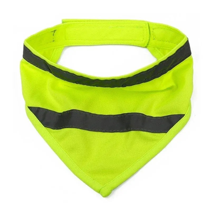 Yellow and orange reflective dog bandana with adhesive strap, shown in small, medium, and large sizes.