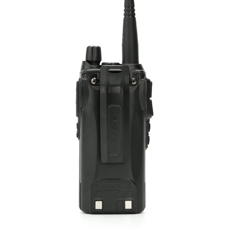 BF-UV82 8W walkie talkie in black with antenna and belt clip on a table