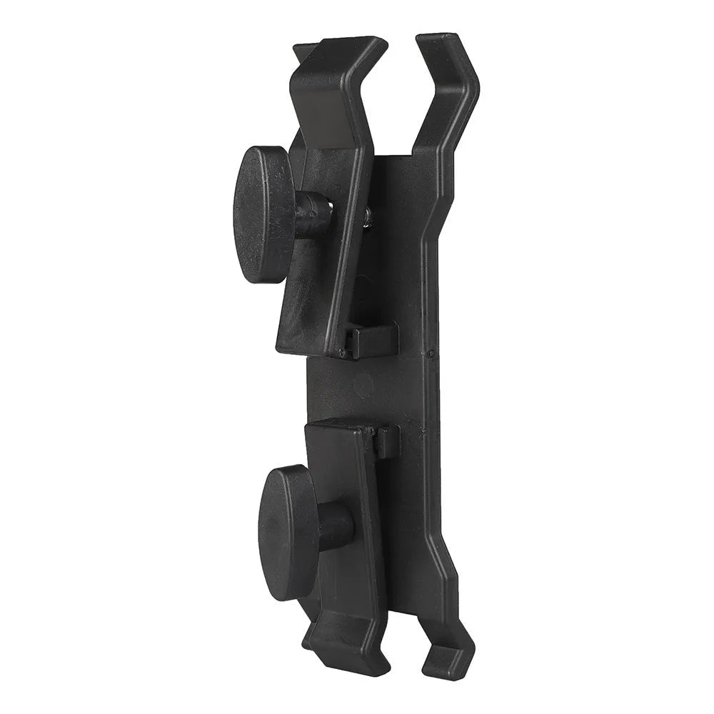 Black ABS plastic umbrella clip for attaching an iPhone to a tripod and umbrella pole.