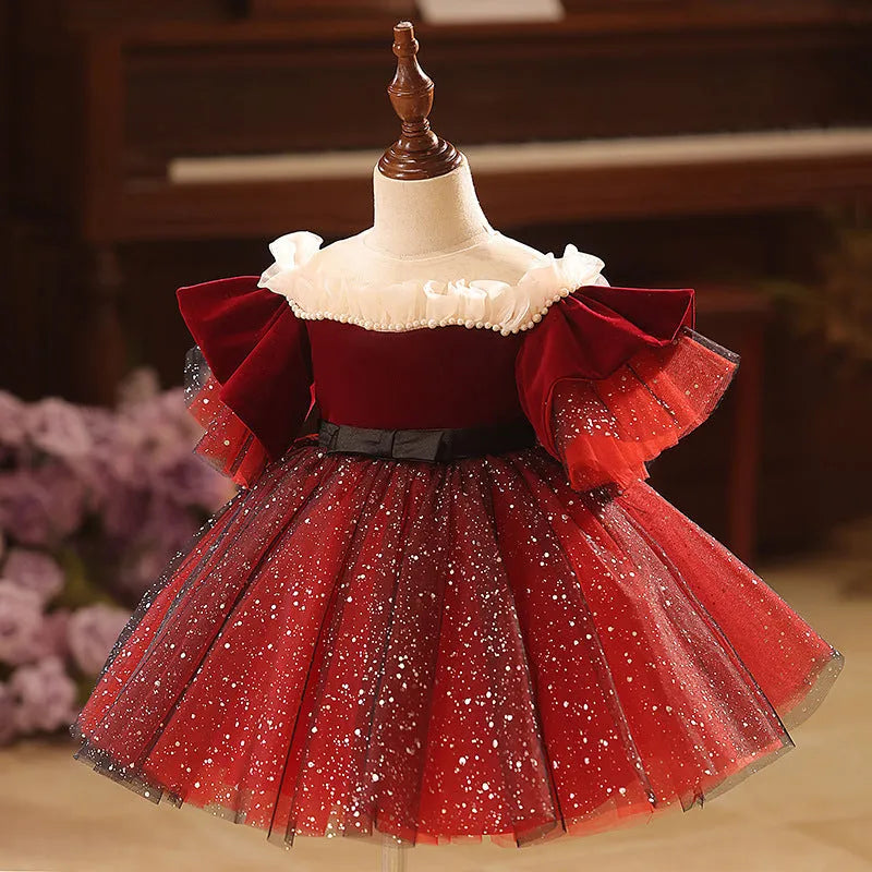Wine red polyester children's princess dress for girls suitable for heights 80cm to 150cm