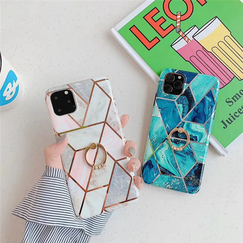 Geometric TPU mobile phone case with bracket ring in purple for iPhone XR