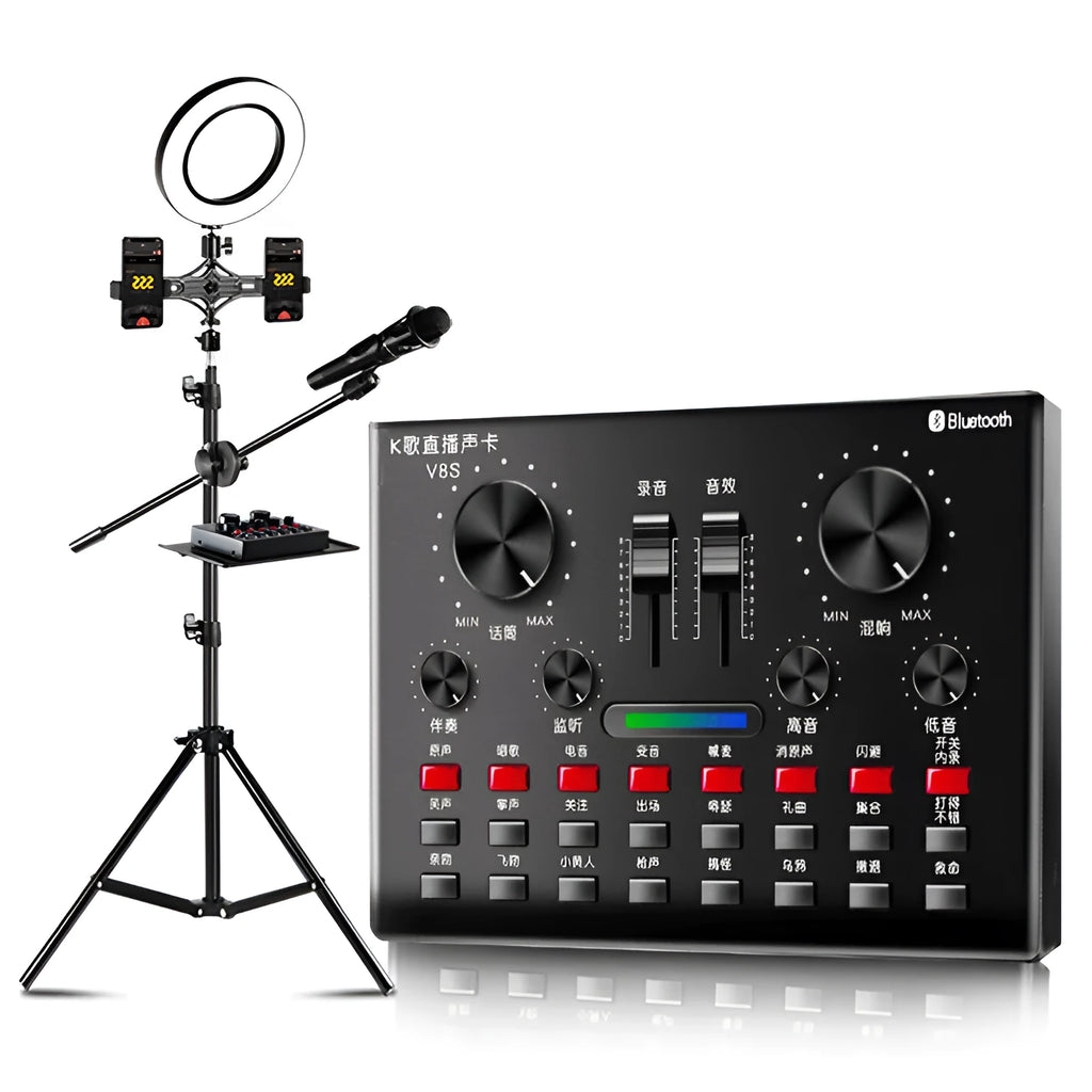 Computer universal capacitor microphone kit with V8S sound card, wireless handheld mic, and earphone in black