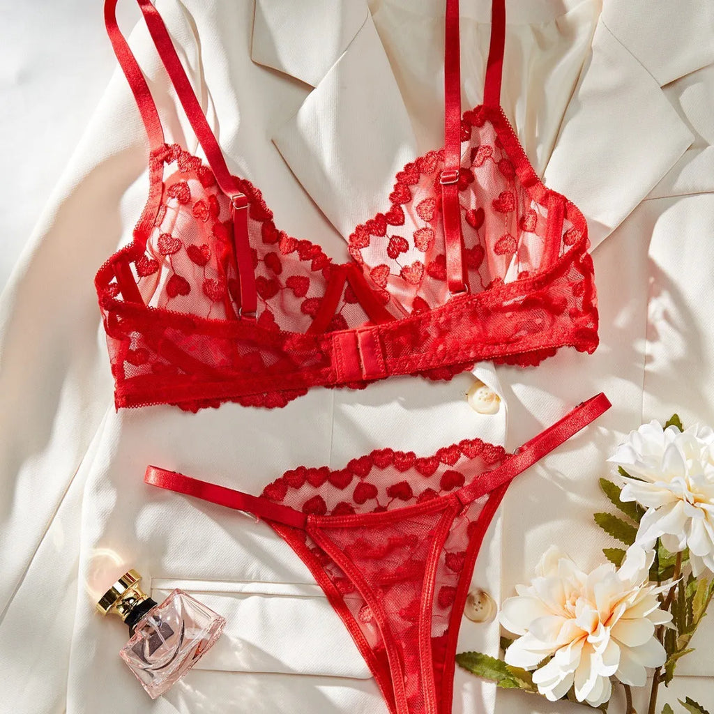 Women's two-piece mesh suit in black and red for romantic themed events