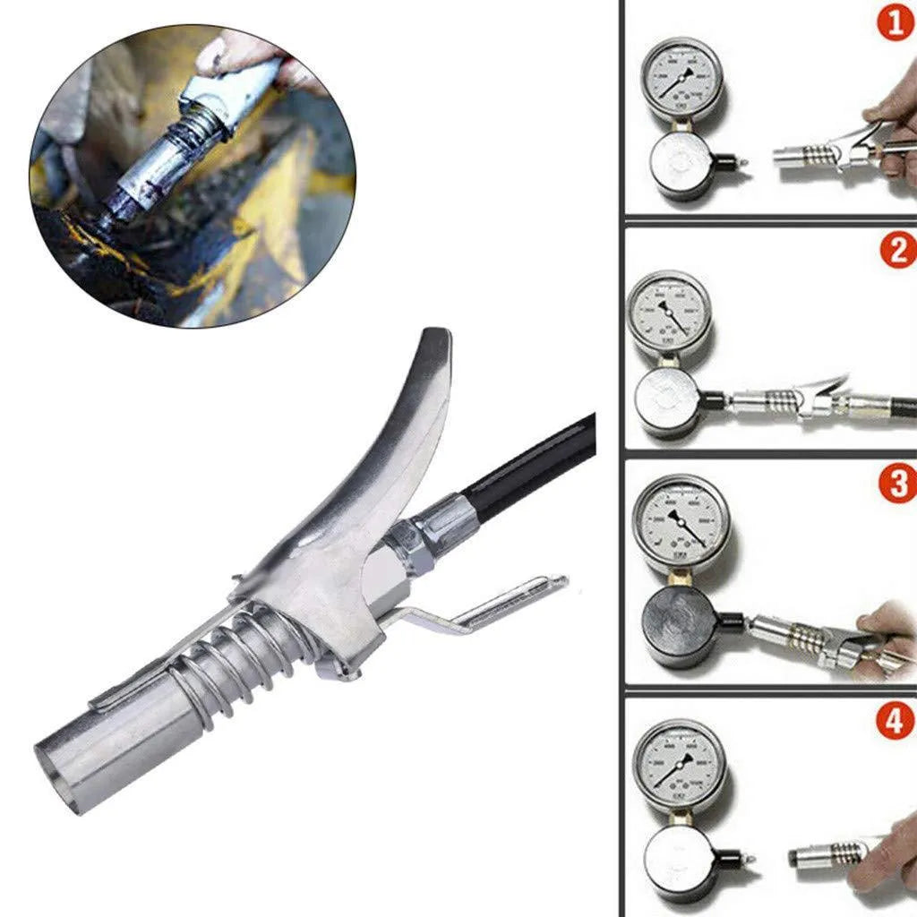 Silver locking grease gun coupler with 10,000 psi rating and 1/8 NPT thread for SAE and metric Zerk fittings