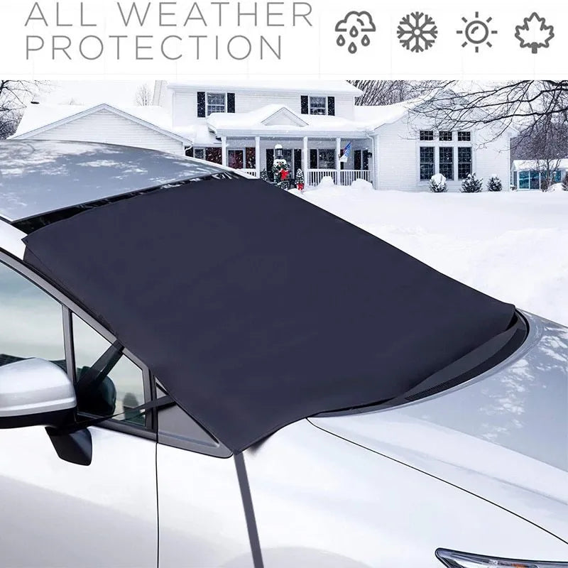 Windshield ice and snow gown in black rubber Oxford cloth placed over a car windscreen for frost and snow protection