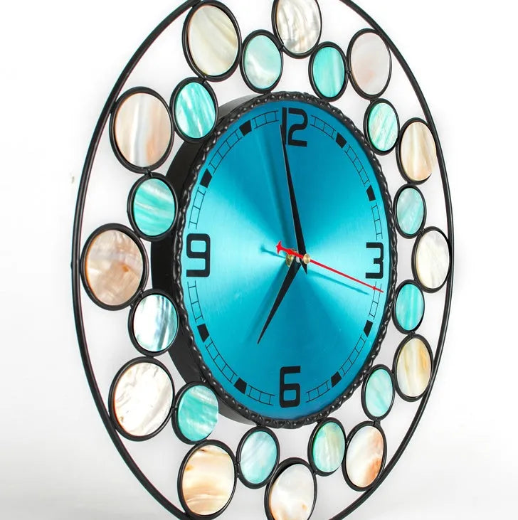 39cm round metal wall clock with real shell detail, silent sweep movement, Nordic minimalist design