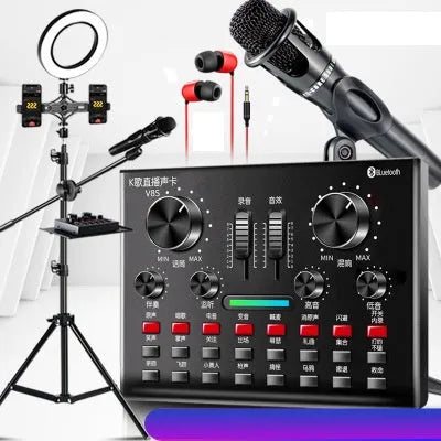 Computer universal capacitor microphone kit with V8S sound card, wireless handheld mic, and earphone in black