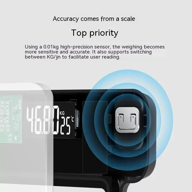 USB rechargeable electronic bathroom scale with cross pattern in black, rose red, or white colour options.
