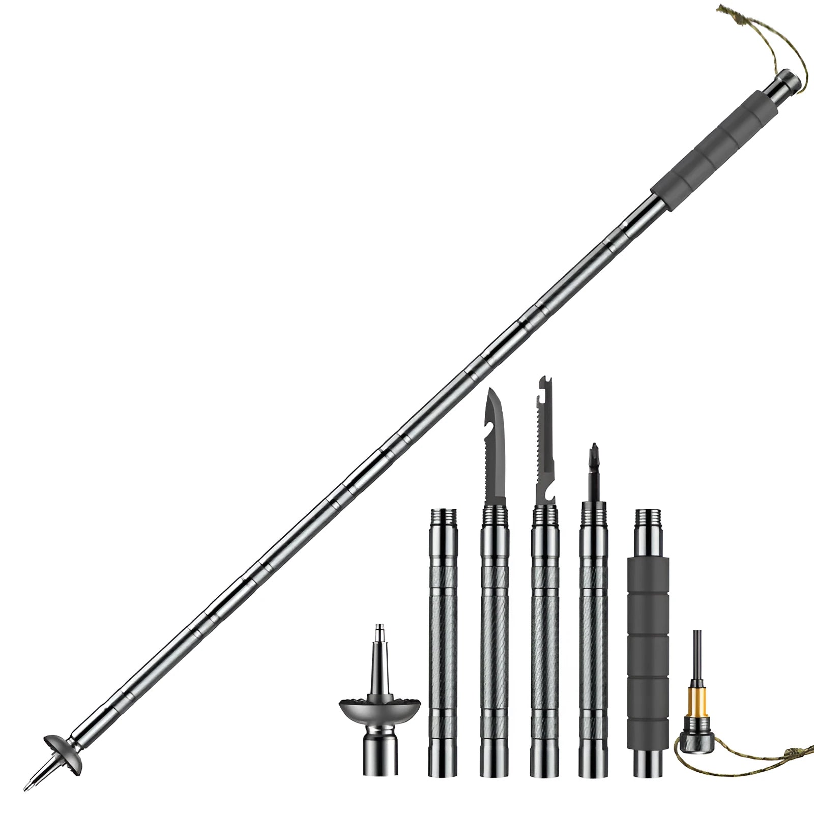 Dark grey aluminium trekking pole with tactical knife and screwdriver accessories on a hiking trail