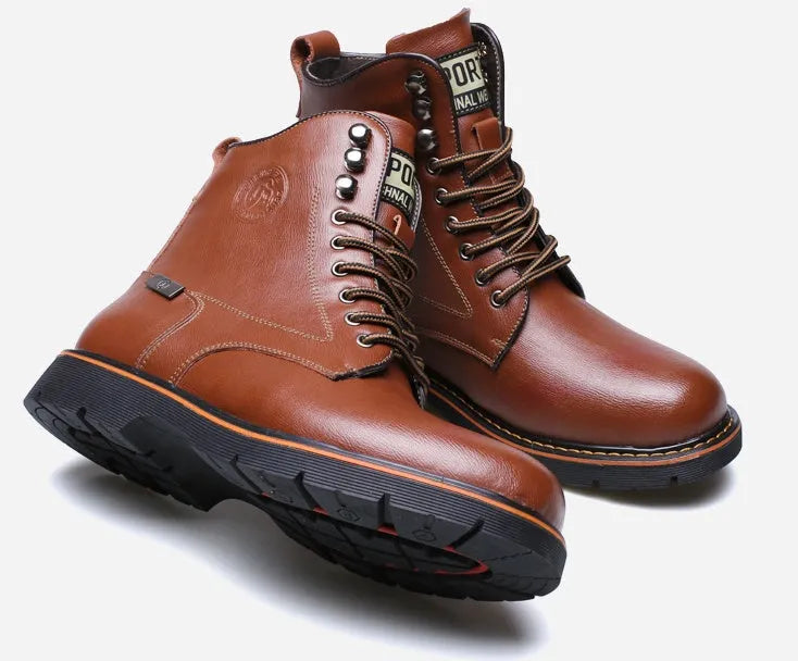 Men's brown embossed leather Martin boots with mid-top cut, round toe, thick heel, and front strap on a wooden floor