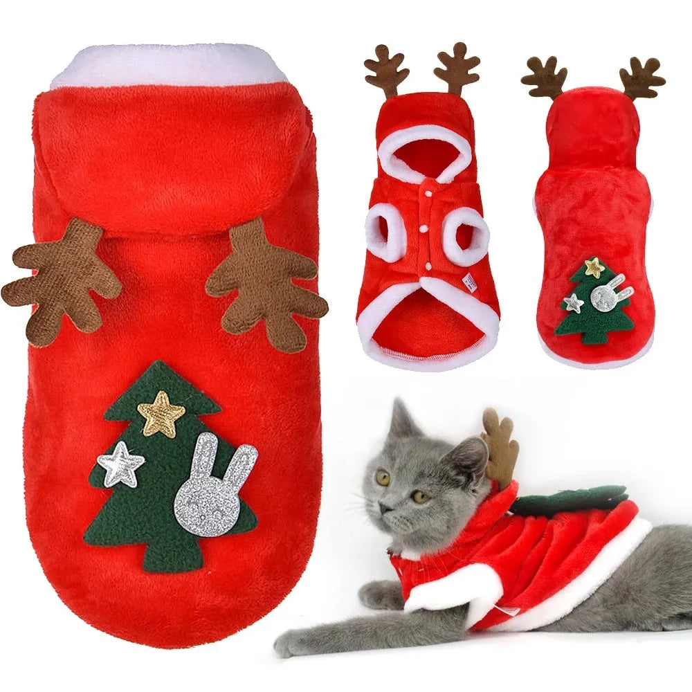Red flannel Santa dog costume for small dogs with coat design, shown on a pet, sizes XS to XL