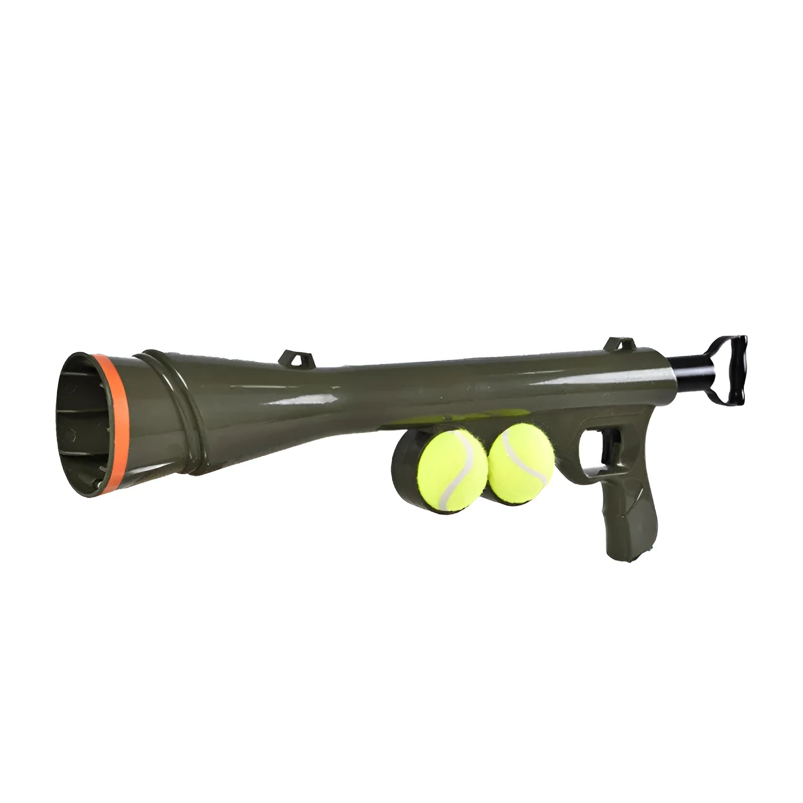 Black tennis ball shooting gun pet toy with automatic ball feeder, 65.5 cm long with two tennis balls