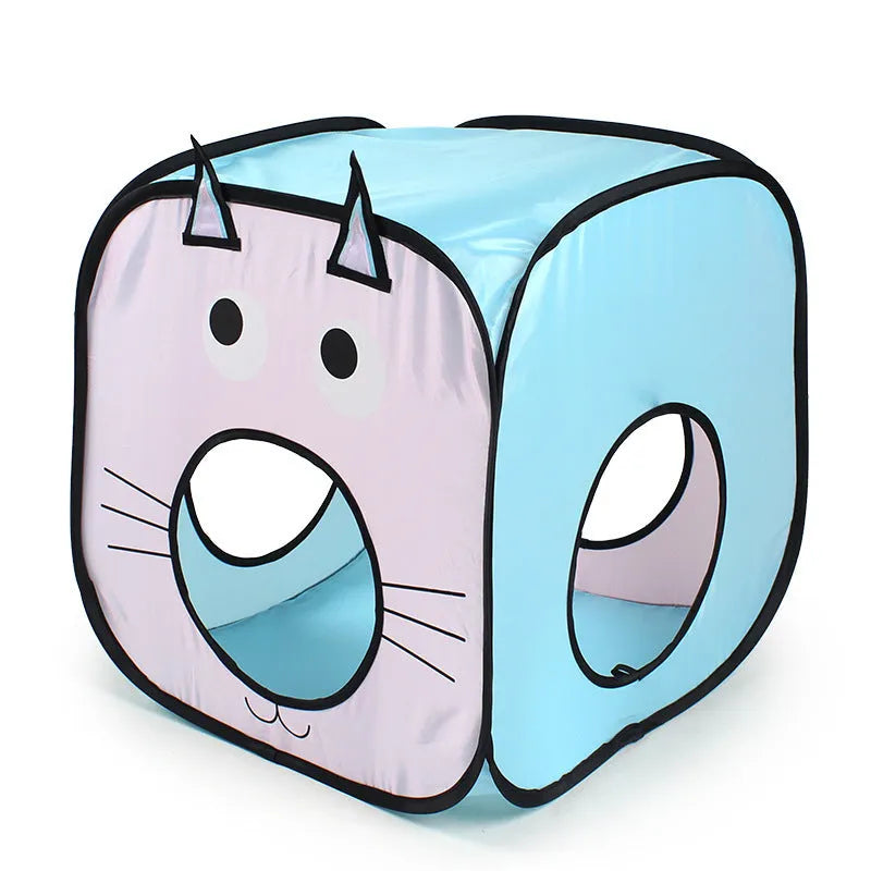 Foldable cat tent and tunnel play set with cat and fish print.