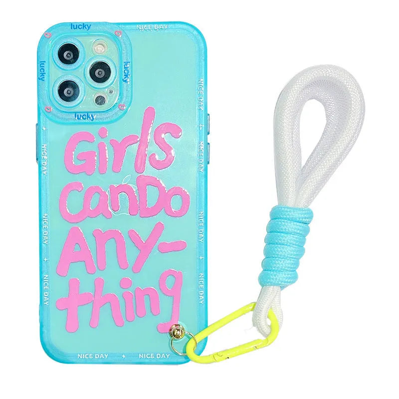 Graffiti personalised English lanyard phone case for iPhone in TPU with detachable strap