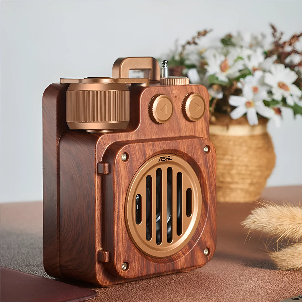 Retro lightweight compact wireless Bluetooth speaker in Rosewood Gold with plastic shell