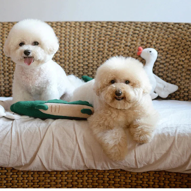 Green soft plush toy dog on a white background, showing its 35cm length.