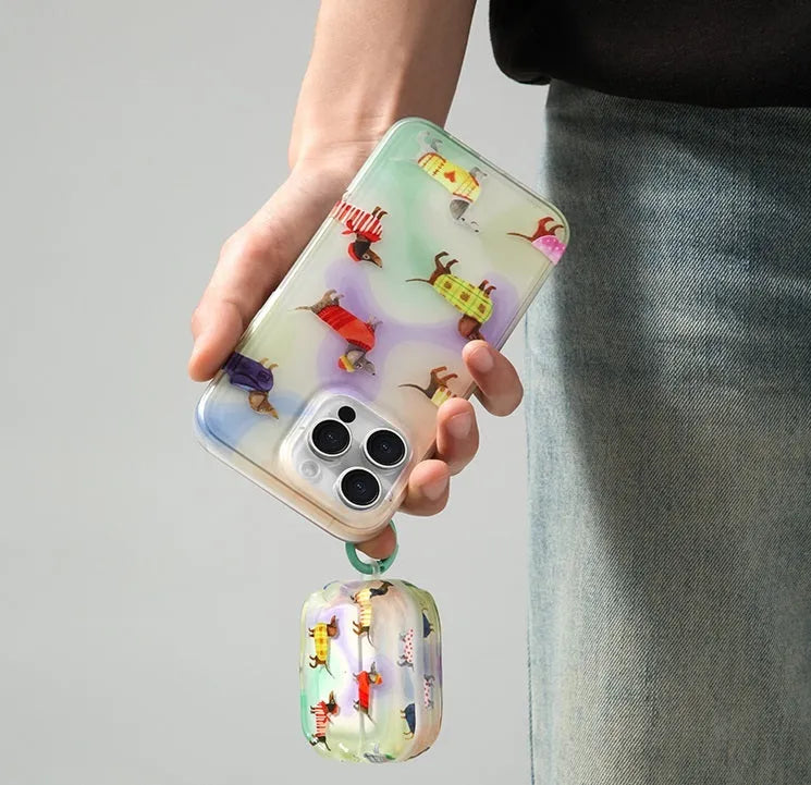 Artistic cute dachshund dog TPU protective cover for AirPods with colourful hanging hole