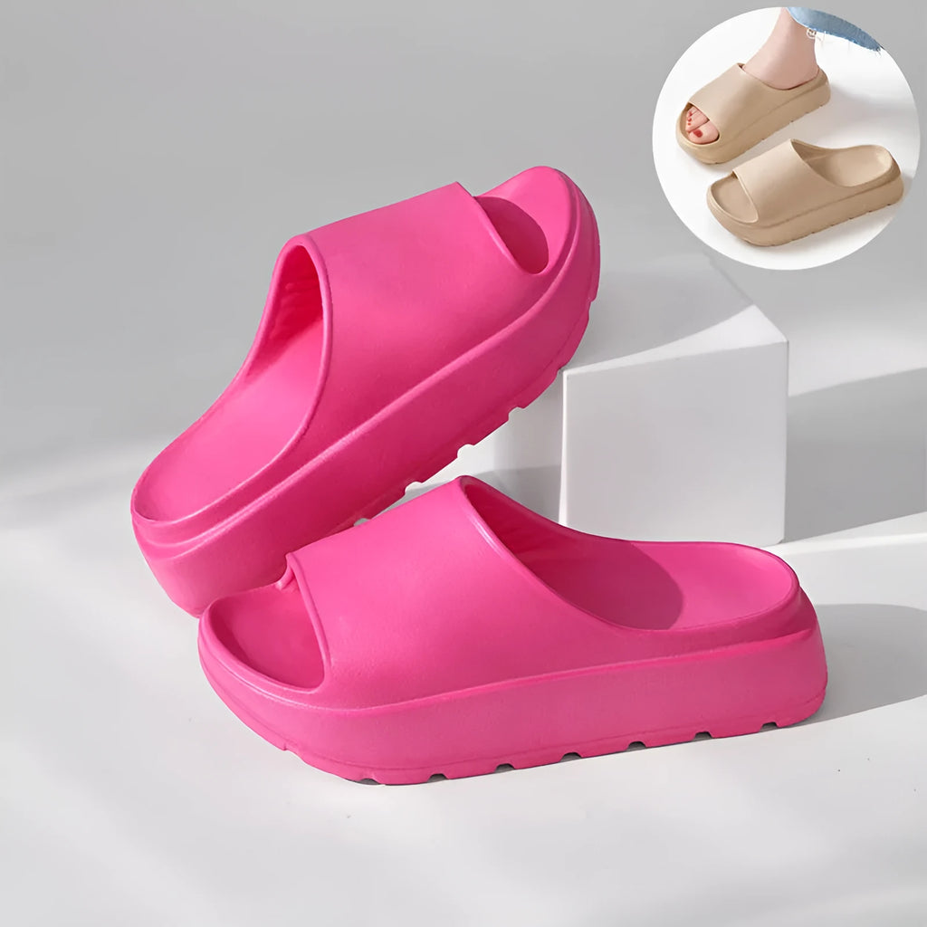 Women's thick-soled beach slippers in beige with a textured EVA sole.