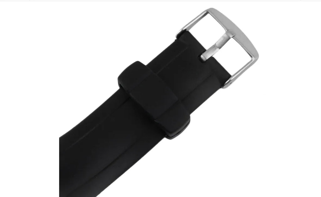 Black rubber and steel heart rate monitor watch with chest strap, 3m waterproof, round dial, backlight