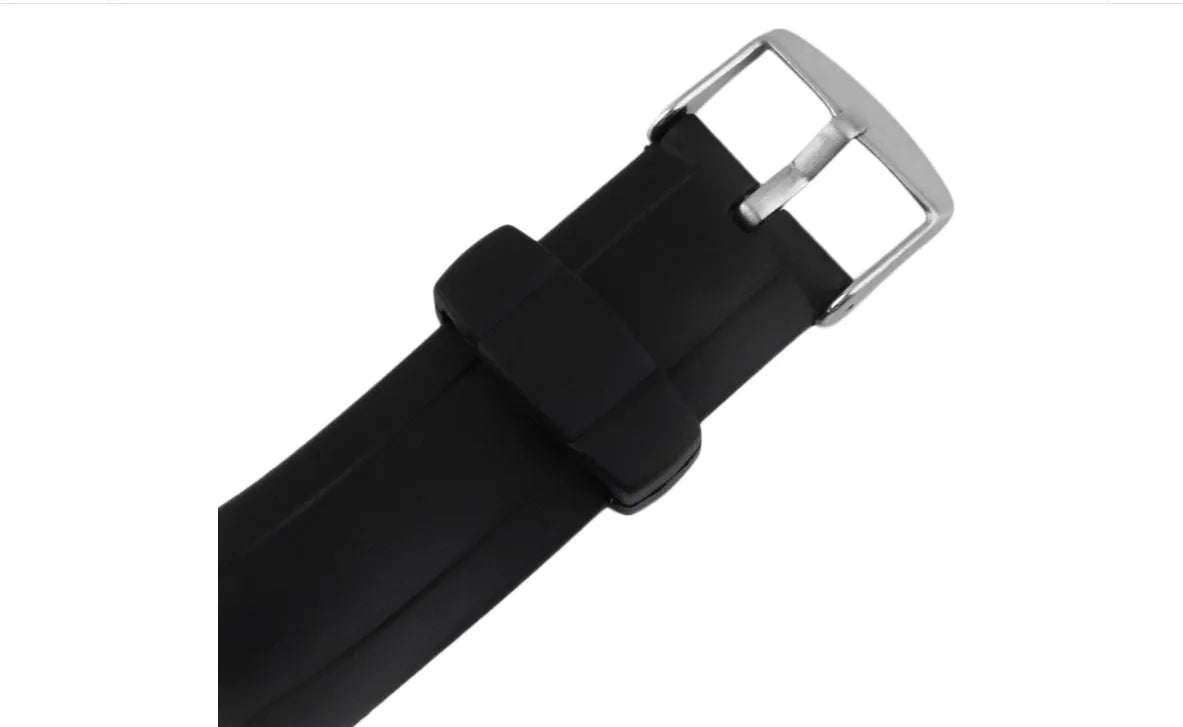 Black rubber and steel heart rate monitor watch with chest strap, 3m waterproof, round dial, backlight