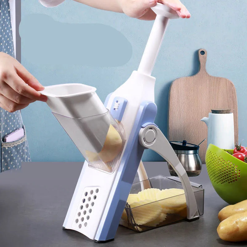 White and blue multifunctional vegetable slicer with stainless steel blades for slicing and dicing