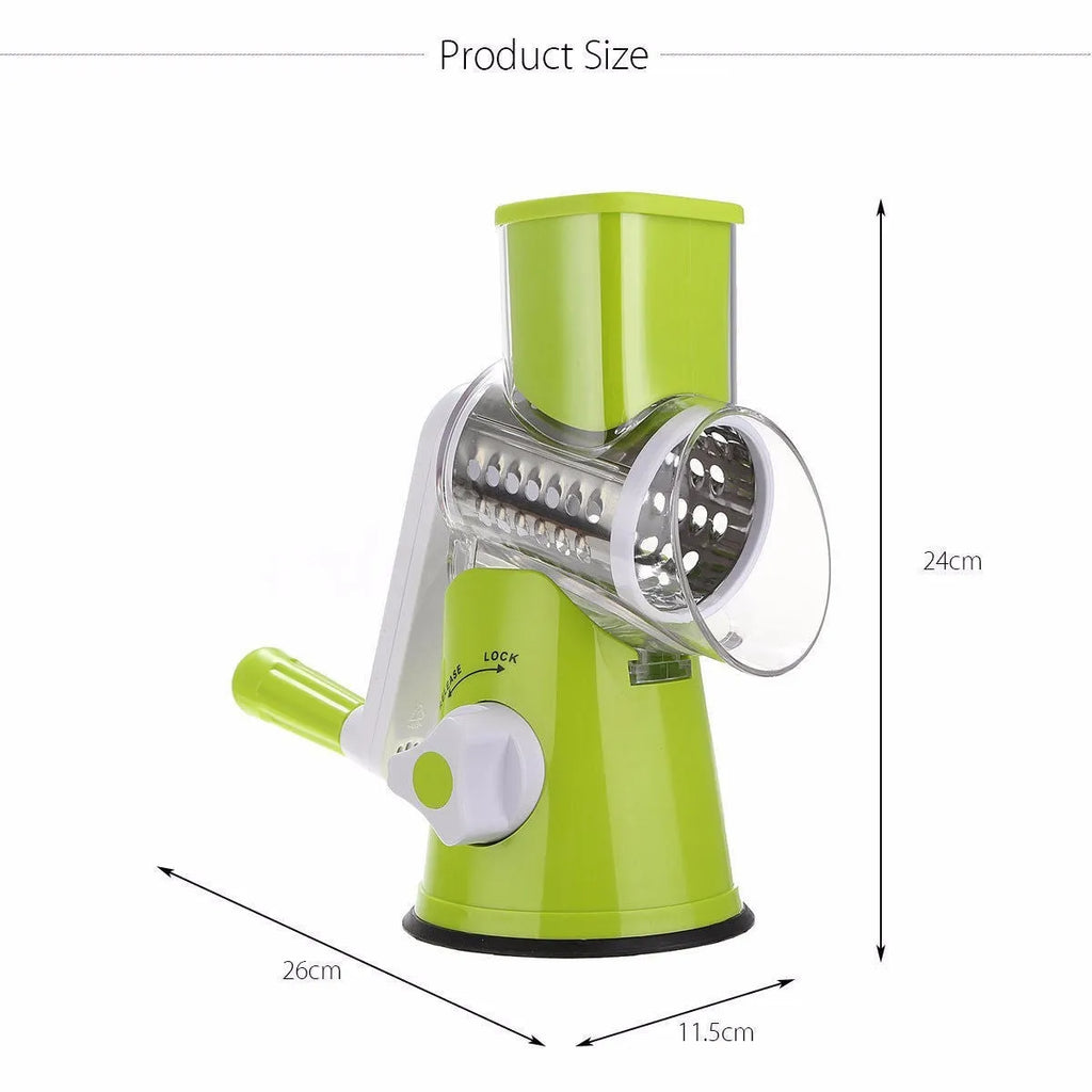 Round mandoline vegetable cutter with three stainless steel drum blades and sucker base on a worktop