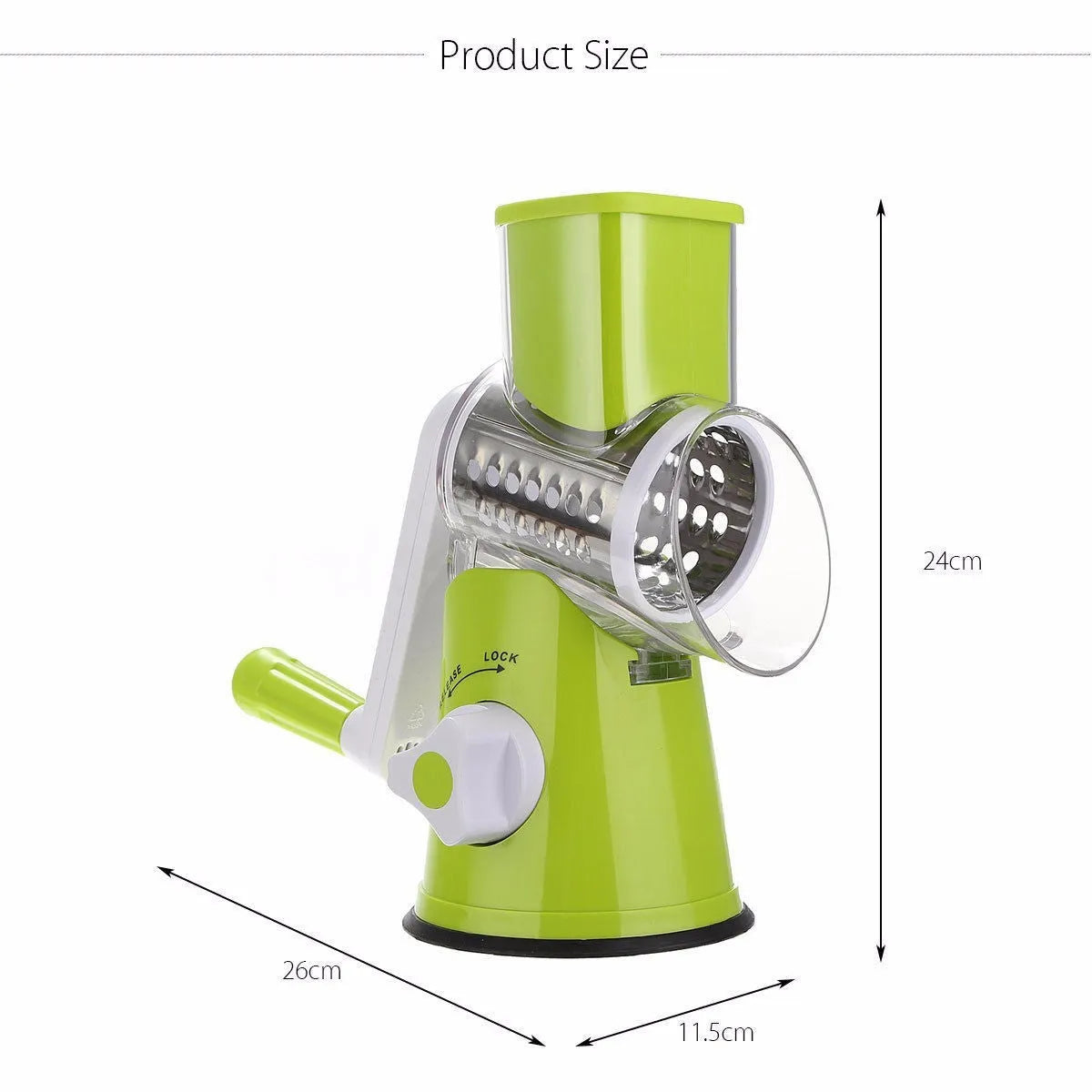 Round mandoline vegetable cutter with three stainless steel drum blades and sucker base on a worktop