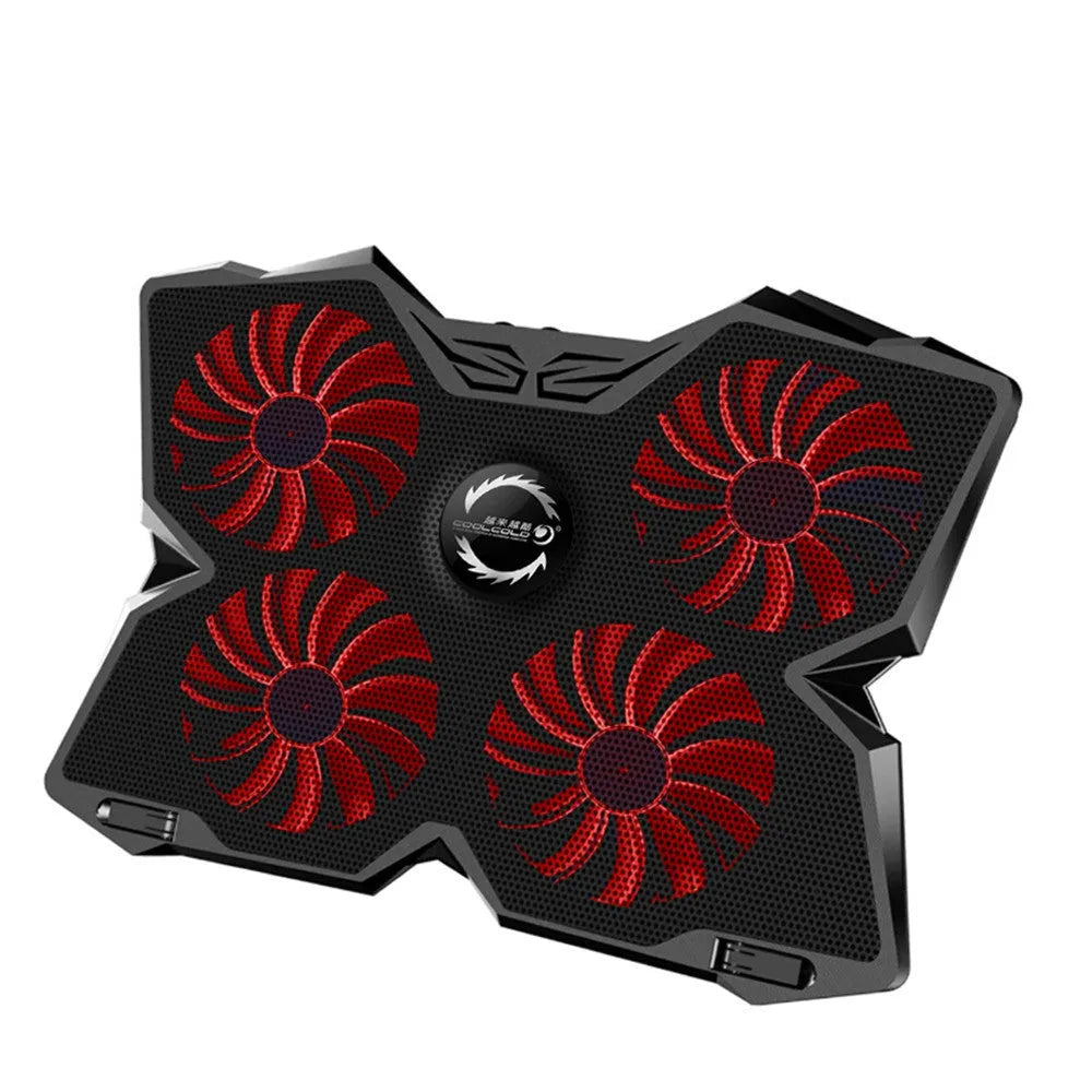 Blue computer cooling base with four cooling fans and two USB ports on front panel