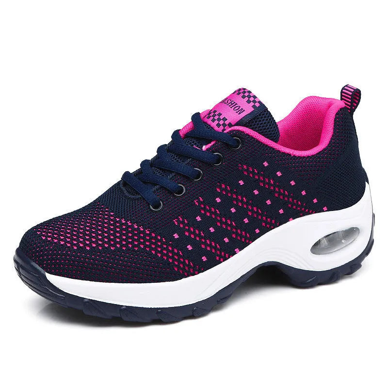 Ladies mesh lace-up walking shoes in breathable fabric, side view, available in multiple colours