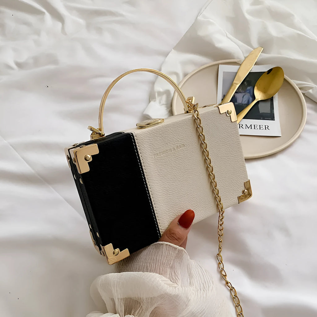 Handle box design clutch bag in orange with long chain, PU leather, 19cm length
