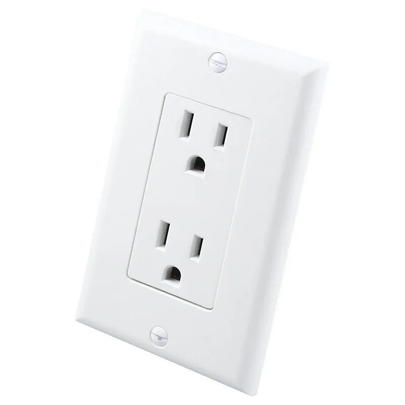 White plug-in LED socket night light installed in a UK wall socket, showing compact design.