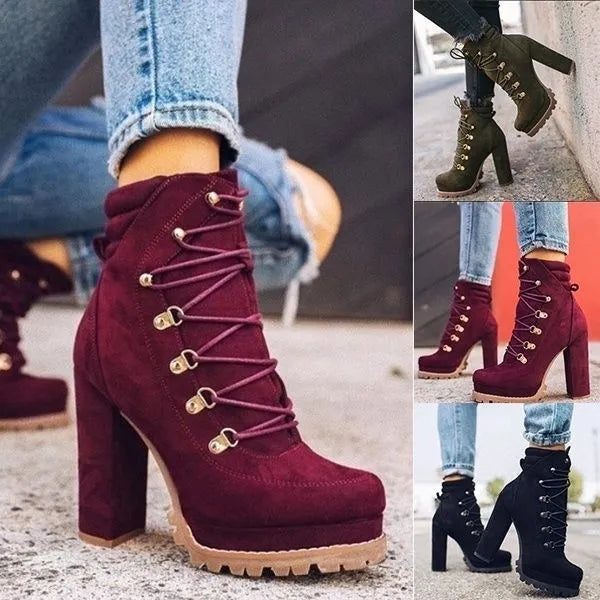 Women's suede ankle boots with a thick high heel, round toe, and buckle detail in army green.