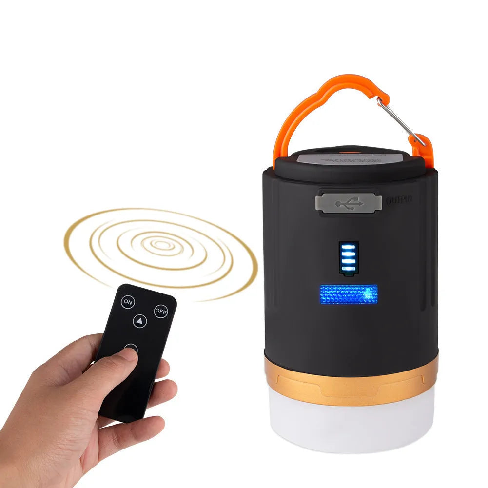 Black rechargeable LED camping light with remote control, hanging hook, and magnet, IPX6 waterproof