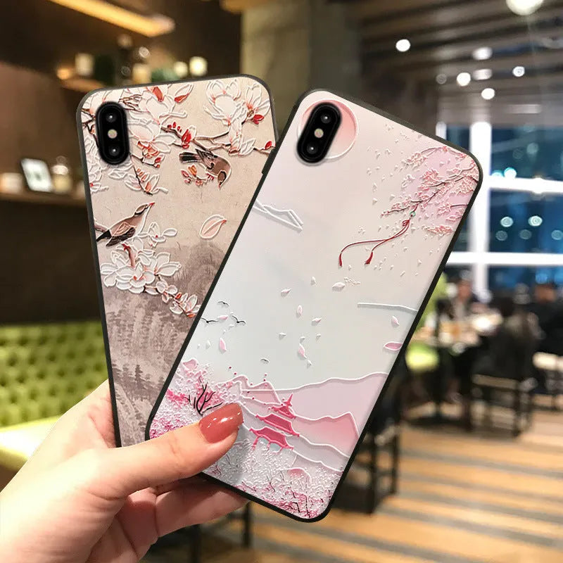 3D embossed magpie TPU phone case with Yanxi Raiders Chinese style in sunset red tower colour