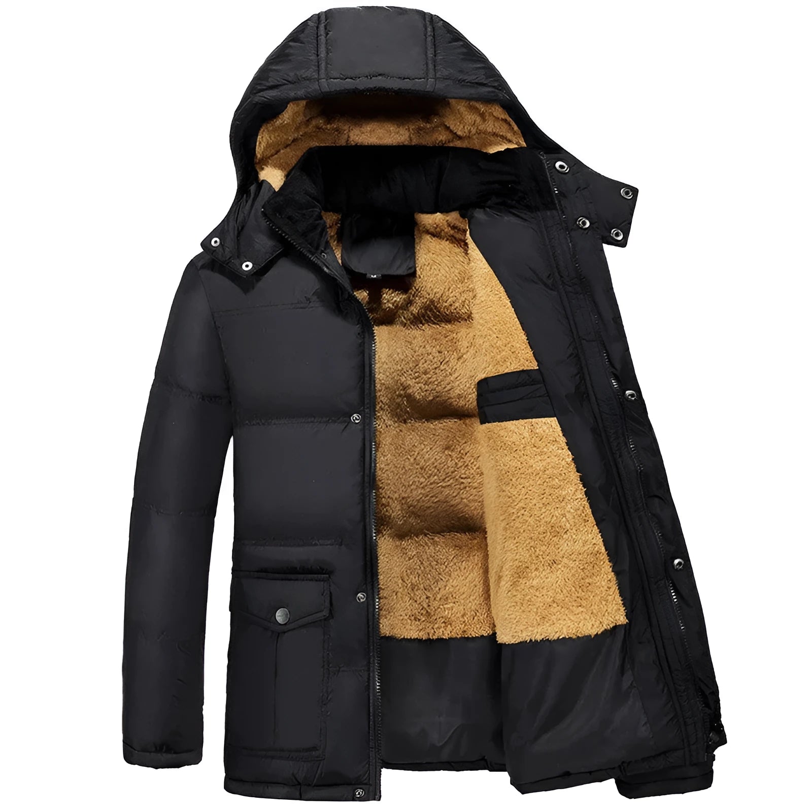 Man in a black double-breasted hooded padded jacket with a velvet lining.